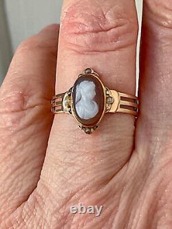 Ancienne Bague Unique Argent Massif Or 18k Véritable Camée Perle Fine T56