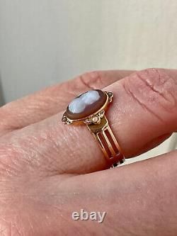 Ancienne Bague Unique Argent Massif Or 18k Véritable Camée Perle Fine T56