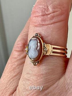 Ancienne Bague Unique Argent Massif Or 18k Véritable Camée Perle Fine T56