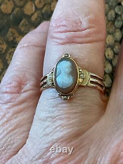 Ancienne Bague Unique Argent Massif Or 18k Véritable Camée Perle Fine T56