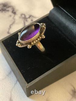 Ancienne Bague Unique Argent Massif Ouvragé Véritable Améthyste Cabochon T55