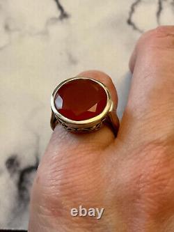 Ancienne Bague Unique Argent Massif Ouvragée Art Deco- Pierre Cornaline -t52