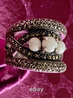 Ancienne Bague argent massif Art Deco opales & marcassites taille 56 (1,8 mm)