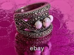 Ancienne Bague argent massif Art Deco opales & marcassites taille 59 (1,8 mm)