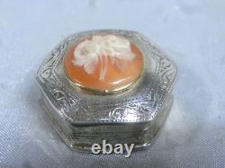 Ancienne Boite A Pilule Argent Massif Hexagonale Camée Fleur Silver Box