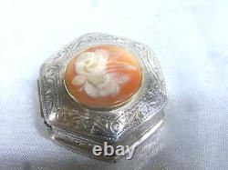 Ancienne Boite A Pilule Argent Massif Hexagonale Camée Fleur Silver Box