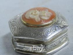 Ancienne Boite A Pilule Argent Massif Hexagonale Camée Fleur Silver Box