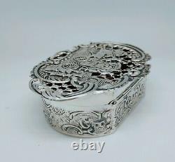 Ancienne Boîte À Pilules Anglaise Argent Massif Décoré Carrosse Maison Silver