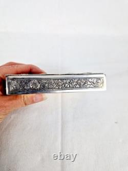 Ancienne Boite Rectangulaire En Argent Massif Et Bois Asie Art Nouveau