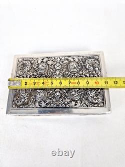 Ancienne Boite Rectangulaire En Argent Massif Et Bois Asie Art Nouveau