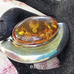 Ancienne Broche / Bijou Ancien Argent 925 et Ambre (Réf. 00002-02469)