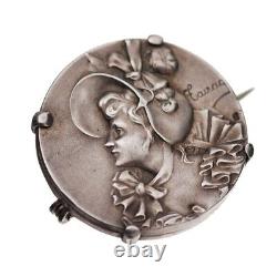 Ancienne Broche en Argent Massif Profil de Femme vers 1900