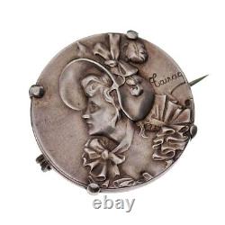 Ancienne Broche en Argent Massif Profil de Femme vers 1900