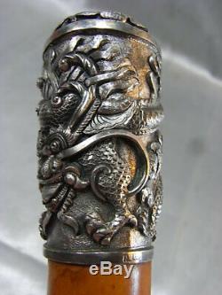 Ancienne Canne Pommeau Dragon Sculpture Animaliere Chine Walking Stick Malacca