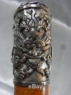 Ancienne Canne Pommeau Dragon Sculpture Animaliere Chine Walking Stick Malacca