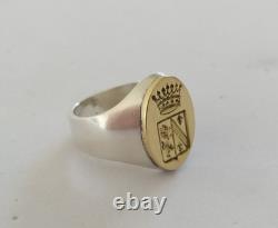 Ancienne Chevalière Argent Massif Or 18k Sceau Armoiries Couronne Comtale
