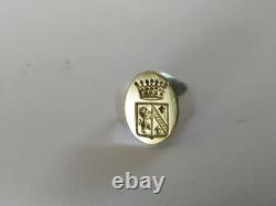 Ancienne Chevalière Argent Massif Or 18k Sceau Armoiries Couronne Comtale