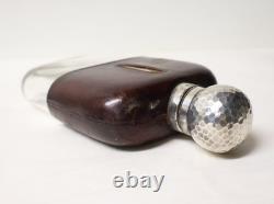 Ancienne Flasque de chasse/poche anglaise verre soufflé cuir argent massif XIXe