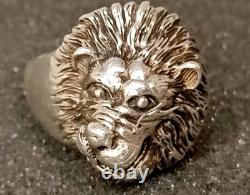 Ancienne Grosse Bague Tête De Lion En Argent Massif T 70.5