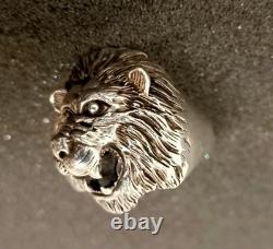 Ancienne Grosse Bague Tête De Lion En Argent Massif T 70.5