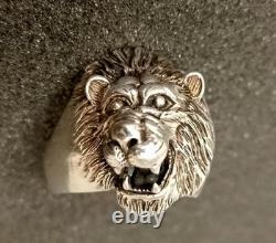 Ancienne Grosse Bague Tête De Lion En Argent Massif T 70.5