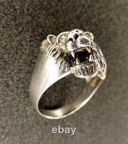 Ancienne Grosse Bague Tête De Lion En Argent Massif T 70.5