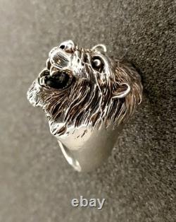 Ancienne Grosse Bague Tête De Lion En Argent Massif T 70.5