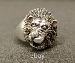 Ancienne Grosse Bague Tête De Lion En Argent Massif T 70.5