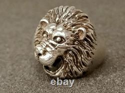 Ancienne Grosse Bague Tête De Lion En Argent Massif T 70.5