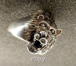 Ancienne Grosse Bague Tête De Lion En Argent Massif T 70.5
