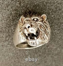 Ancienne Grosse Bague Tête De Lion En Argent Massif T 70.5