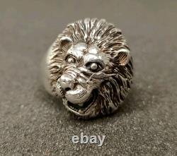 Ancienne Grosse Bague Tête De Lion En Argent Massif T 70.5