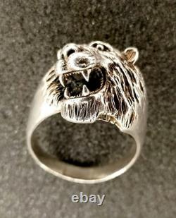 Ancienne Grosse Bague Tête De Lion En Argent Massif T 70.5