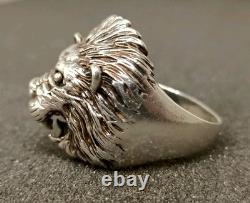 Ancienne Grosse Bague Tête De Lion En Argent Massif T 70.5