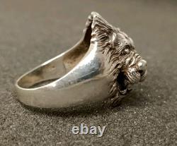 Ancienne Grosse Bague Tête De Lion En Argent Massif T 70.5