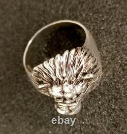 Ancienne Grosse Bague Tête De Lion En Argent Massif T 70.5
