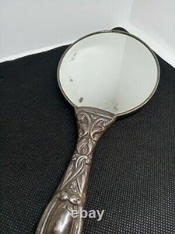 Ancienne Miroir Face A Main En Argent Massif 800 Decoration Fleurs Ref S960