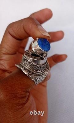 Ancienne bague chevalière poison argent massif 925 Afrique lapis lazuli T 62
