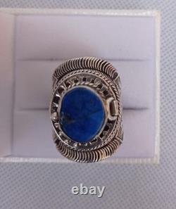 Ancienne bague chevalière poison argent massif 925 Afrique lapis lazuli T 62