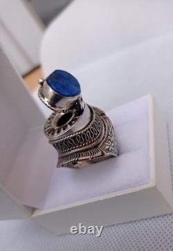 Ancienne bague chevalière poison argent massif 925 Afrique lapis lazuli T 62
