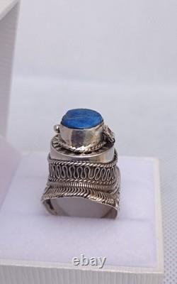 Ancienne bague chevalière poison argent massif 925 Afrique lapis lazuli T 62