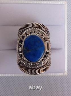 Ancienne bague chevalière poison argent massif 925 Afrique lapis lazuli T 62