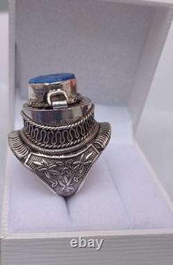 Ancienne bague chevalière poison argent massif 925 Afrique lapis lazuli T 62