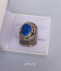 Ancienne bague chevalière poison argent massif 925 Afrique lapis lazuli T 62