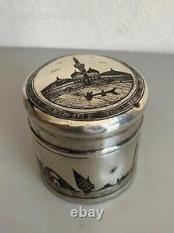 Ancienne boite pot argent massif niellé silver iraqi niello tea caddy signed box