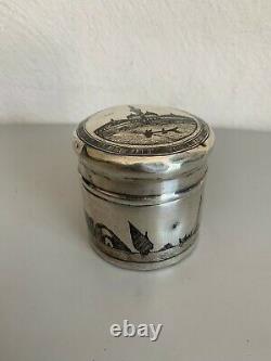 Ancienne boite pot argent massif niellé silver iraqi niello tea caddy signed box