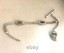 Ancienne chaine de montre à gousset Argent massif oeil de tigre Chatelaine clé