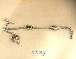 Ancienne chaine de montre à gousset Argent massif oeil de tigre Chatelaine clé