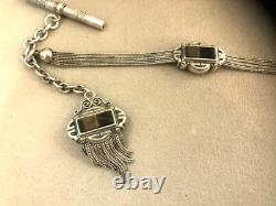 Ancienne chaine de montre à gousset Argent massif oeil de tigre Chatelaine clé