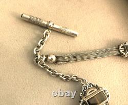Ancienne chaine de montre à gousset Argent massif oeil de tigre Chatelaine clé